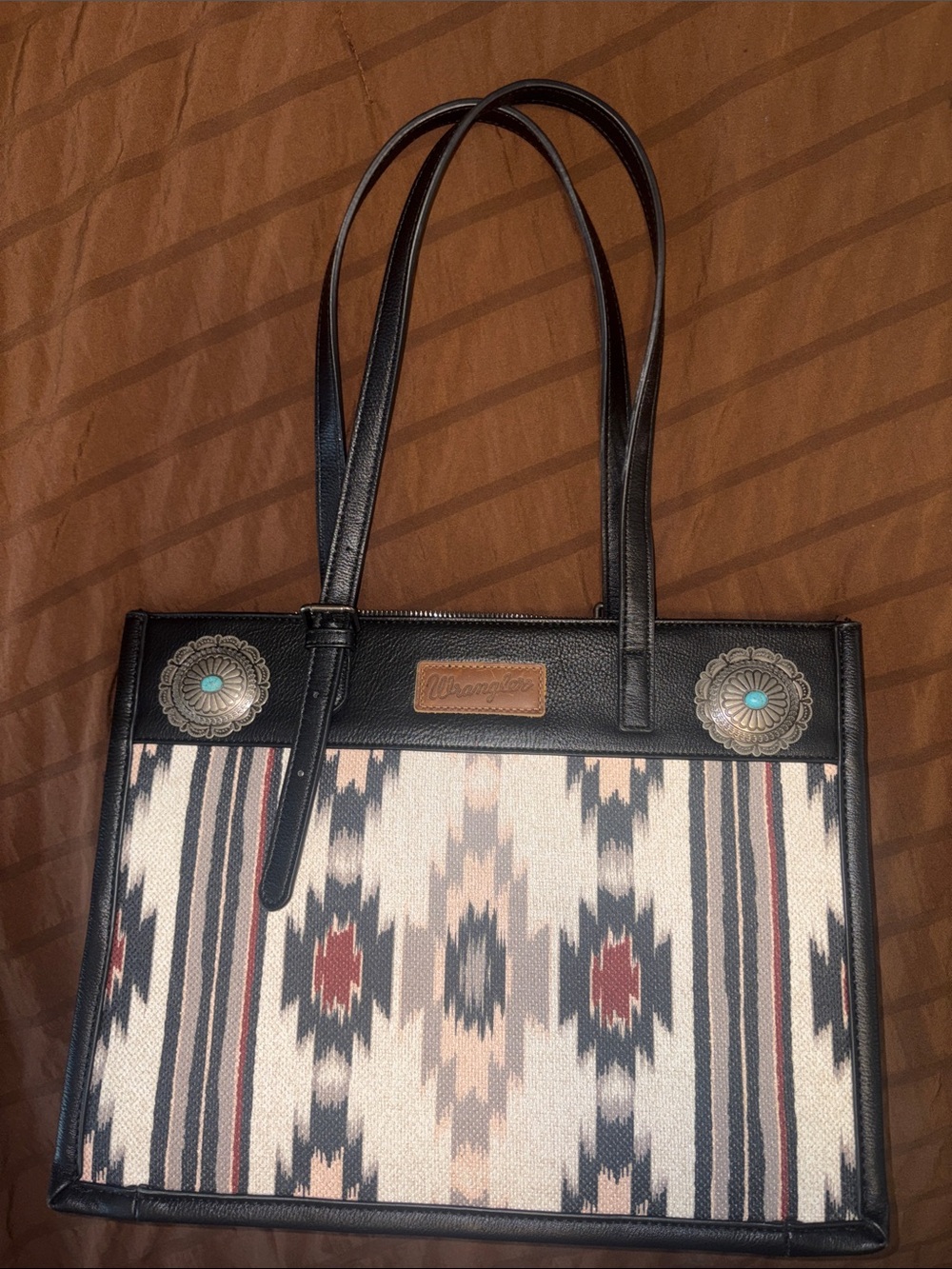 Wrangler Black Trim Aztec-Pattern Tote with Turquoise Accents